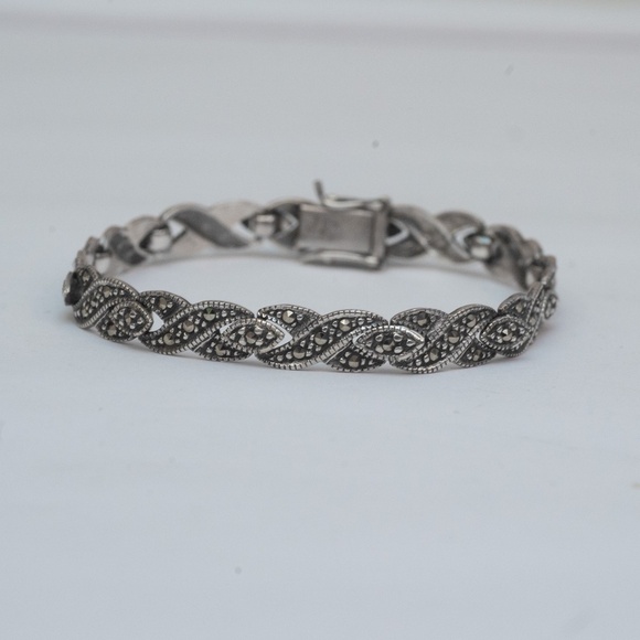 Vintage Sterling Silver and Marcasite Link Bracelet 7.5" - Picture 1 of 7